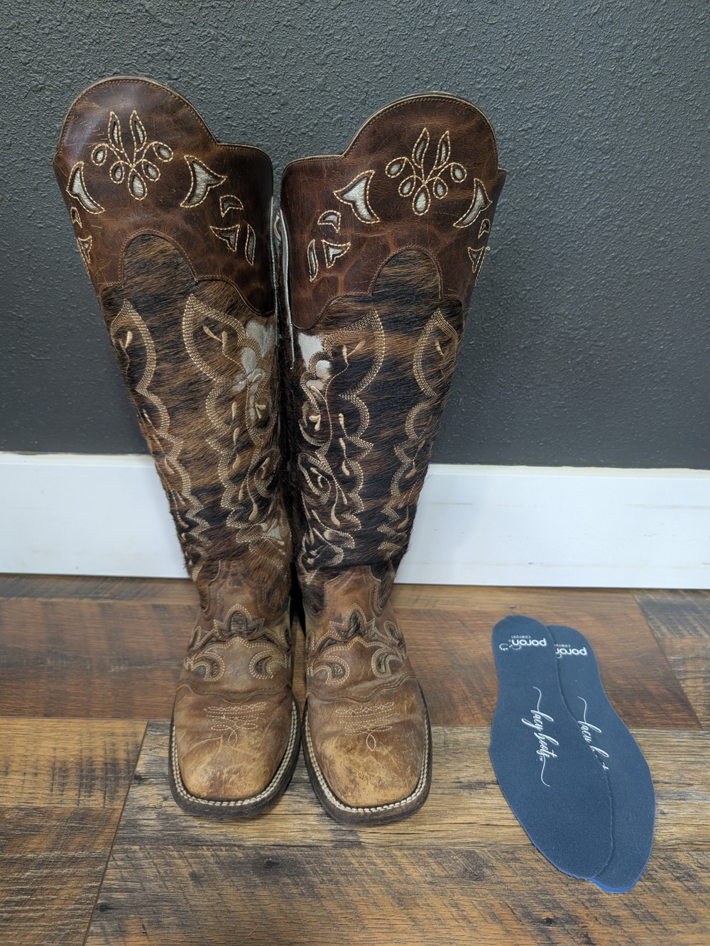Lacy Boots Tall Buckaroo Boots 8 XW 17” Wide Calf Brindle Hair-On Cowhide